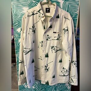 Teton Gravity Research button down shirt sz Xl skying print green & white